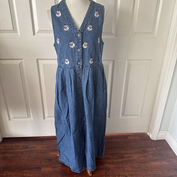 Jane Ashley Vintage Denim Maxi Dress Med Embroidered Snowmen Pockets Y2K Blue - Picture 1 of 12